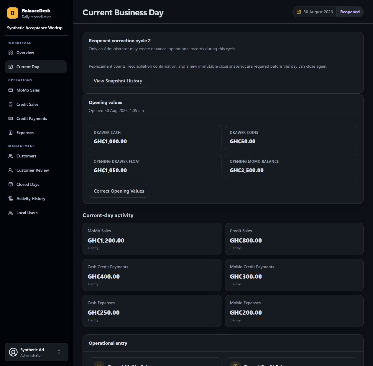 BalanceDesk v1.2.0 current Business Day