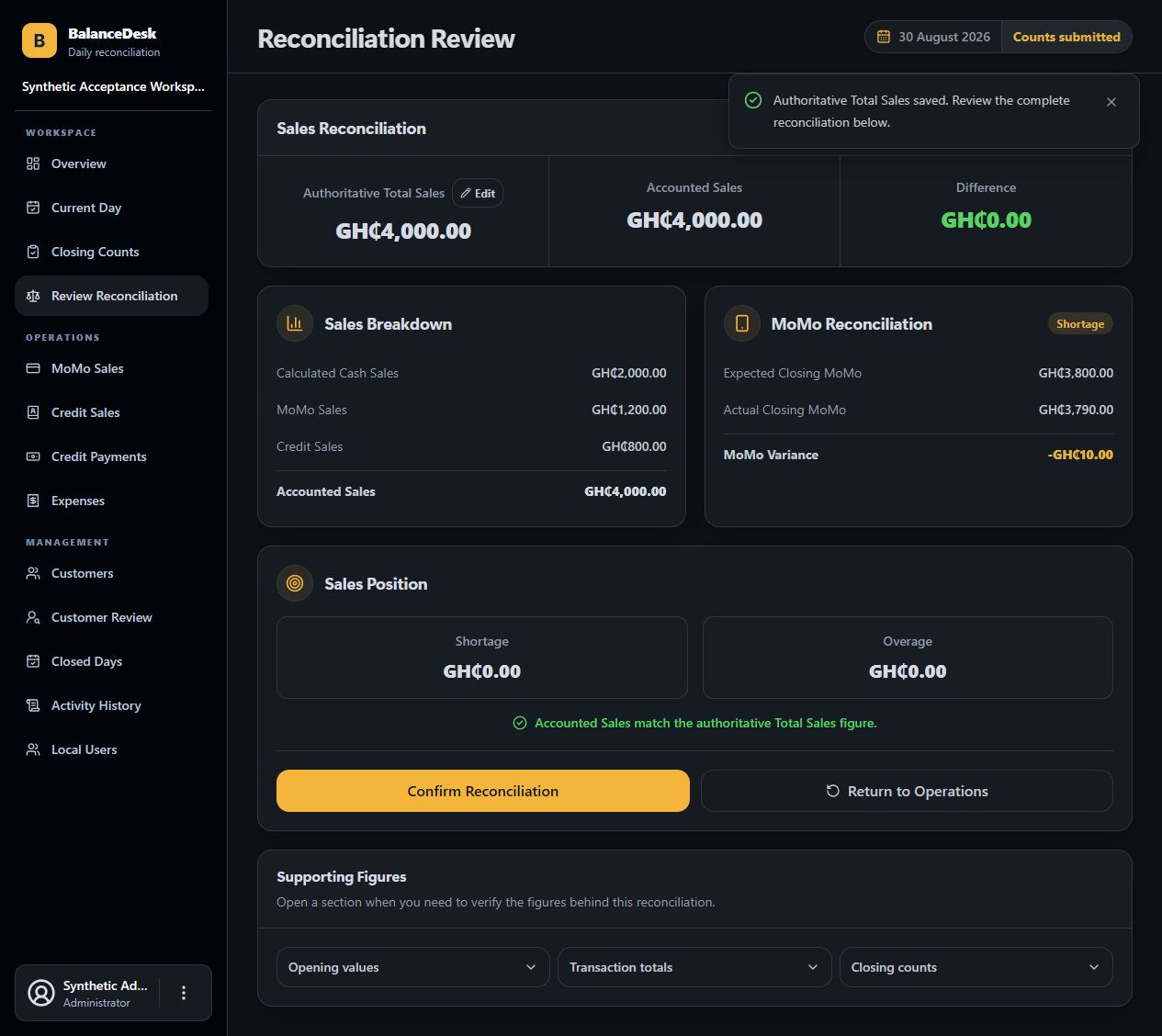 BalanceDesk reconciliation review screen