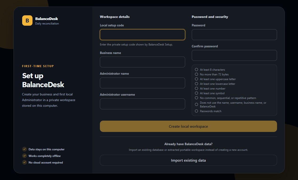BalanceDesk v1.2.0 first-time setup screen